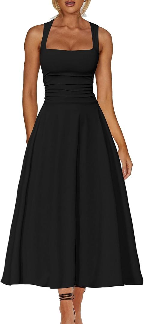 Kaximil Women's Square Neck Corset A Line Maxi Dress Ruffle Ruched Waist Flowy Long Dresses, Large, Black