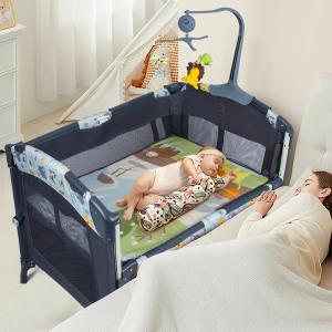 5-in-1 Baby Bassinet Bedside Crib, Pack and Play Long Next to Parents Bed Crib with Toys & Music Box, Mattress, Foldable Playard, Playpen Travel Bed Nursery Center for Girl Boy Infant Newborn, Black