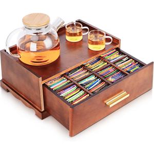 Tea Bag Organizer, Tea Organizers and Storage, Tea Box Organizer Storage Box, Tea Station Organizer for Countertop, Tea Caddy for Wood Tea Holder Organizers for Removable Drawer (Brown)