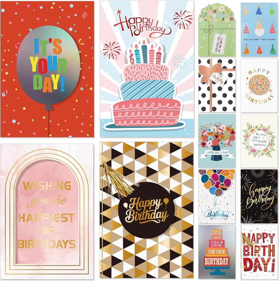 14 Pack 3D Handmade Birthday Cards Bulk with Envelopes, Unique Greeting Cards for Women & Men, 4.76.8 Inch, Gold Foil, Glitter, Happy Birthday Cards with Printed Messages  For Friends, Family, Coworkers