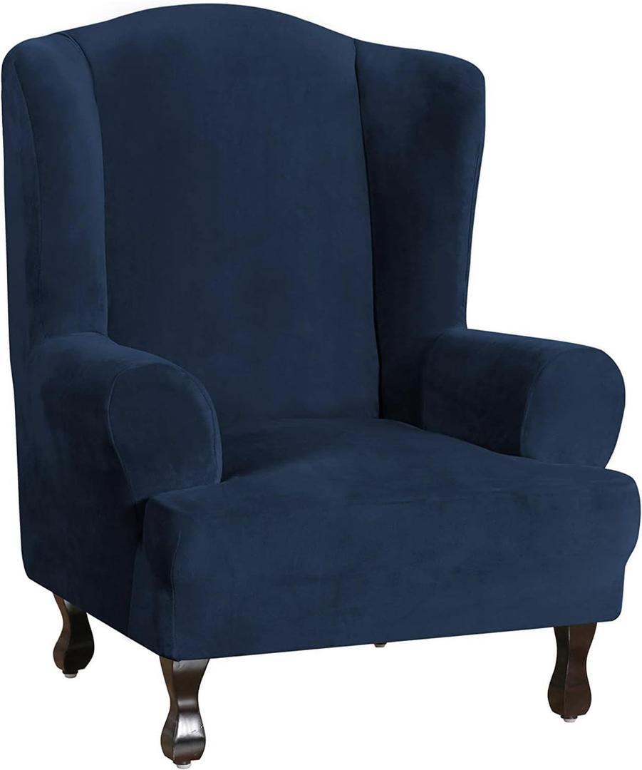 Turquoize Wing Chair Slipcover Velvet Slipcovers for Wingback Chairs Ultra Soft Velvet Sofa Covers 1-Piece Furniture Cover/Wingback Chair Cover with Elastic Bottom, Machine Washable (Wing Chair, Navy)