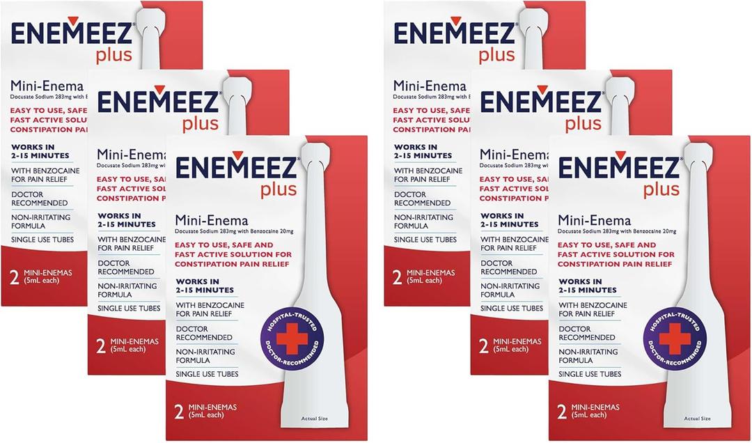 Enemeez Plus Mini-Enemas, docusate Sodium with benzocaine Stool Softener, Fast-Acting Constipation Relief, Promotes Bowel Movement in 2-15 Minutes, 2ct, 6 Pack (12 Total) Single-Use 5ml Tubes