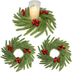 3Pcs Christmas Candle Rings Wreaths Artificial Norfolk Pine Branches Red Berry Branches Candle Holder Rings Mini Wreaths Decorations for Tables Centerpieces Mantle Frontdoor Home Kitchen Xmas Decor