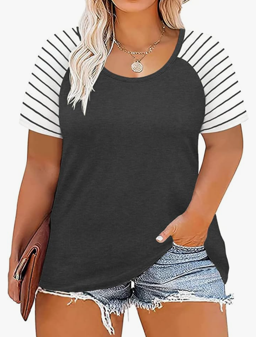 DOLNINE Women's Plus Size Tops Striped Raglan Tee Shirts Casual Tunics Blouses,14W