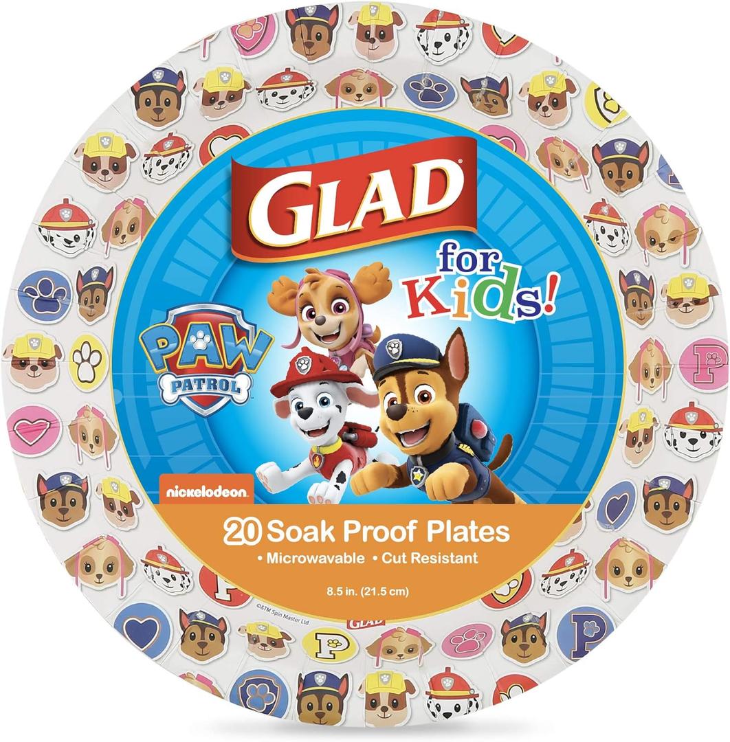 Glad for Kids Paw Patrol Disposable Paper Plates, Soak Proof and Cut Resistant Kids Plates, Microwave Safe for Meals and Snacks, Party and Everyday Use, Emojis Design, 8.5 Inch, 20 Count (Multicolor)