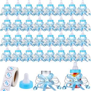 62 Pcs 3.5 Inch Baby Mini Milk Bottle Baby Shower Favor with 500 Adhesive Thank You for Showering Stickers, Small Plastic Bear Candy Bottle with Ribbon for Boy Girl Newborn Baptism Party Decor (Blue)