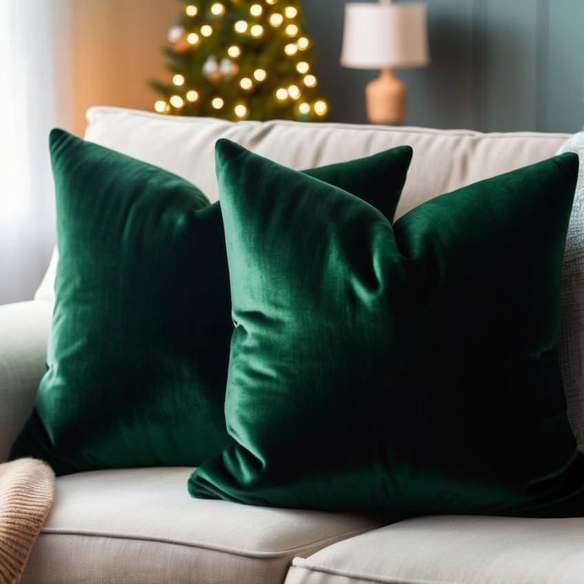 Christmas Dark Green Velvet Pillow Covers 22x22 Inch Set of 2 - Soft Solid Cushion Covers for Bedroom Sofa Living Room Indood Holiday Christmas Decoration