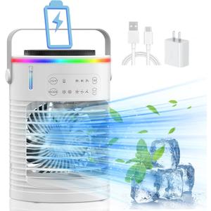  Battery Powered Portable Air Conditioner, 6000mAh Rechargeable Small Air Conditioner Fan for Room, Personal Air Cooler with Mist, Timer & Light, Mini AC Unit Cooling Fan for Bedroom, Camping, Tent, Car