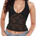 Penioca Sexy Halter Top for Women Deep V Neck Lace Cami Backless See Through Going Out Trendy Top L