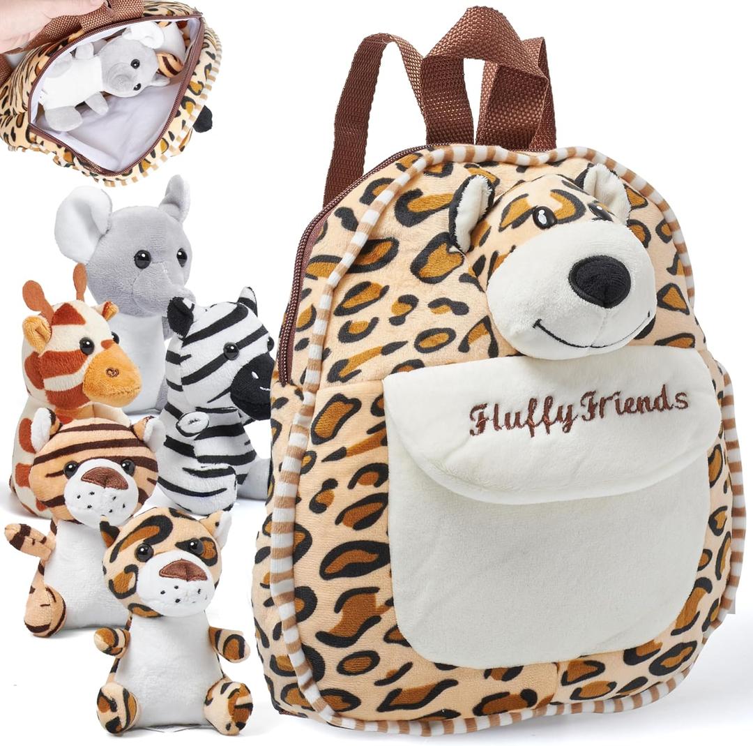 PixieCrush Savannah Plushies in Stuffed Animal Backpack - Plush Mini Backpack for Toddlers Age 2-4 - Multicolor - Soft Textiles - Kids Backpack with 5 Small Animals