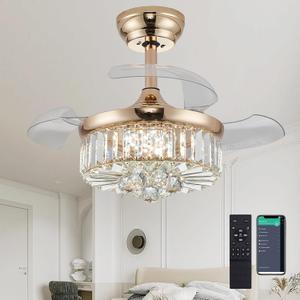 DuMaiWay 30" Golden Chandelier Ceiling Fan with Light Crystal Modern Fandelier Reversible Ceiling Fan Dimmable Retractable Timer for Dining Living Room Bedroom
