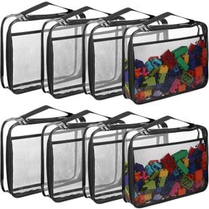 8 Packs Toy Storage Bags with Zipper, Clear PVC Organizing Bags, Reusable Toy Storage Organizer with Portable Handle, Travel Waterproof Organizer Bags for Building Blocks, Puzzle, Toys and Books (Large, Black)
