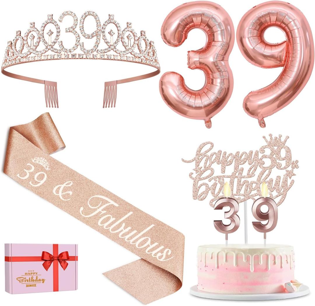 39th Birthday Decorations for Women, Including 39th Birthday Sash and Tiara, Cake Topper and Candles, Number Balloons, 39 Year Old Gifts for Women
