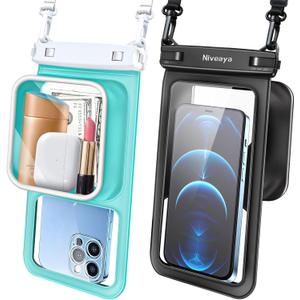 Niveaya [Floatable Floating Waterproof Phone Pouch 2 Pack-Up to 8.5", Large Space Adjustable Neck Lanyard Waterproof Phone Case, Phone Dry Bags for Vacation Beach Pool Kayak Cruise Travel Essentials (Black + Green)