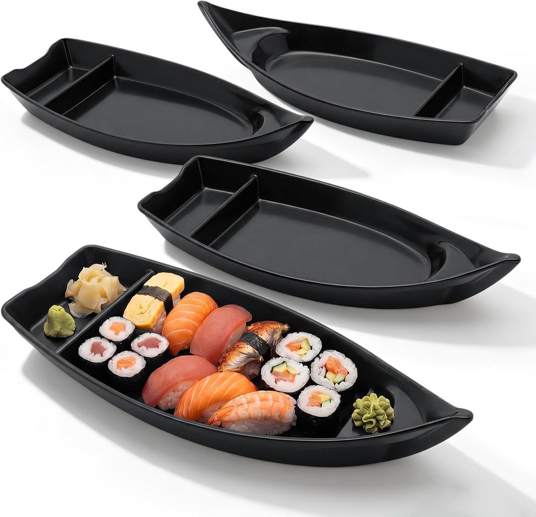 4 Pack Sushi Boat Serving Plates, 10 Inch Melamine Sushi Serving Tray with Divider, Japanese Sashimi Plate for Soy Sauce, Wasabi, Appetizers, Restaurant Home Party (Red,Black)