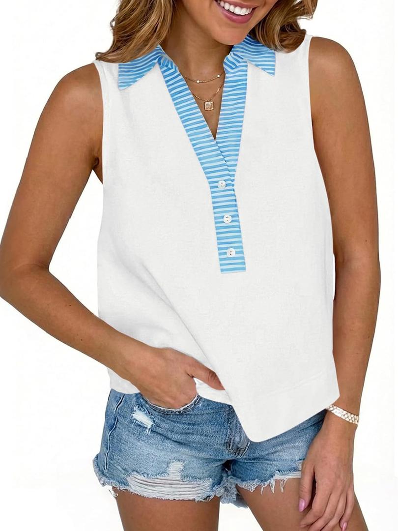 Tankaneo Womens V Neck Cropped Tank Tops Button Up Color Block Tees | Sleeveless Shirts, Loose Fit, Summer Dressy Casual (White, L)