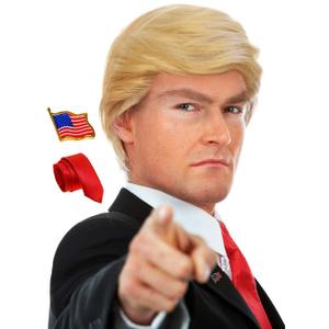 ALLAURA 3pc Donald Costume Kit  Blonde Wig, Red Tie, Flag Pin  Compatible with Pres Donald Wig Halloween Costume for Adults, Couples, Cosplay, Political Events, Parody Outfits, Toupee Wig Look