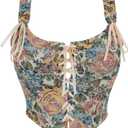 Dreay Womens Vintage Floral Print Grommet Lace Up Tie Front Corset Bustier Shapewear Top (XX-Large, Cream)