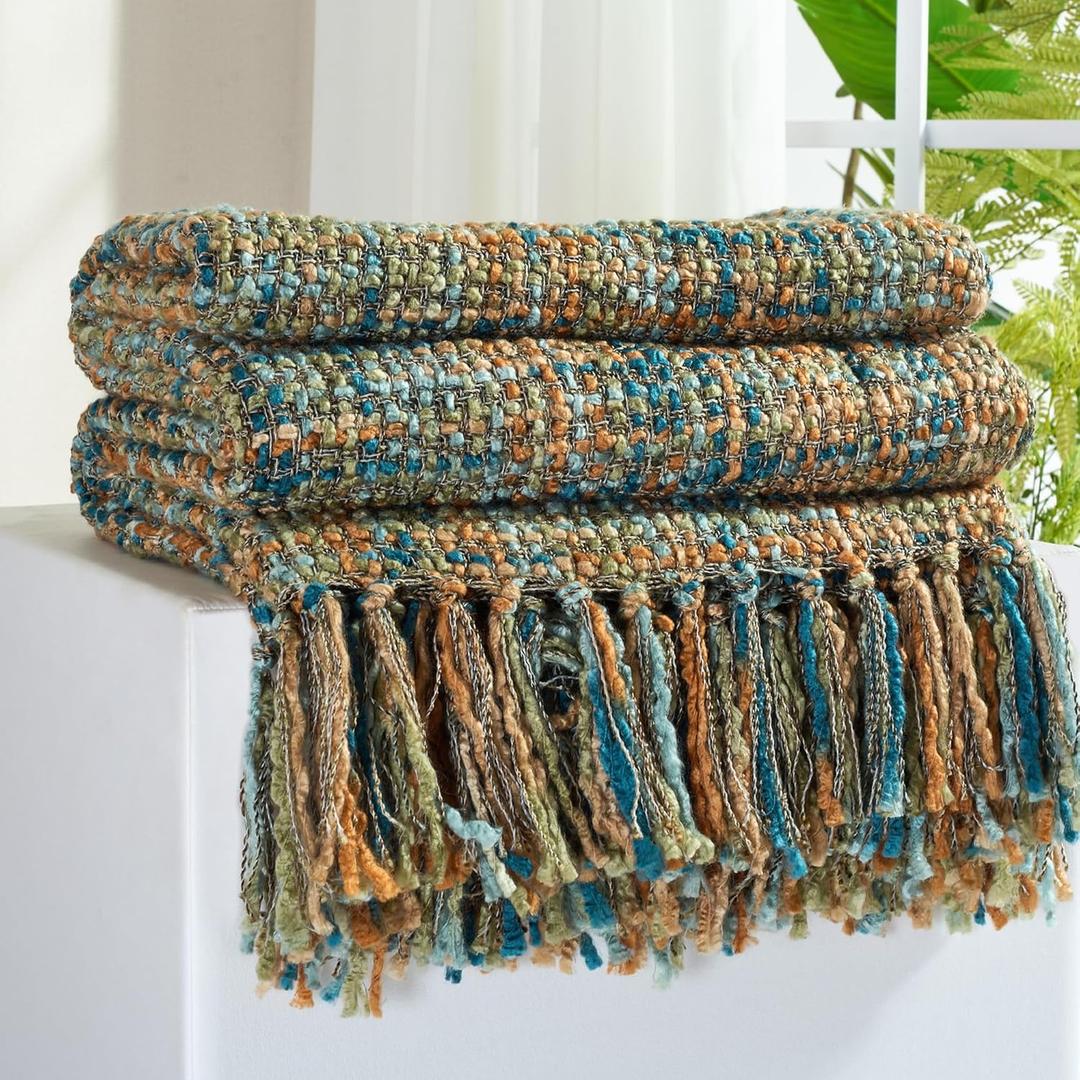 Multi-Color Gold Green Cable Woven Throw Blanket for Couch,60"X80" Boho Style Textured Blankets for Home Decor,Super Soft Warm Cozy Chunky Blanket with Decorative Tassels for Bed