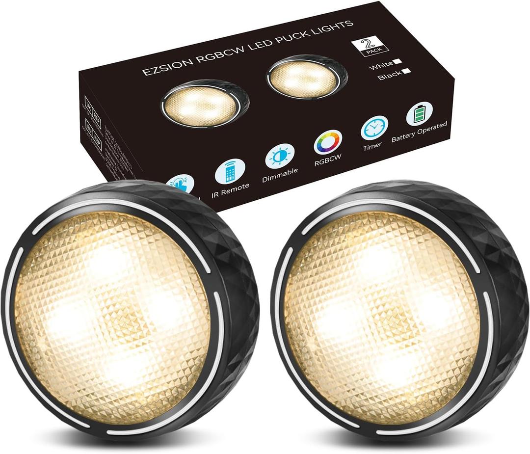 EZSION LED Puck Lights with Remote Control, Battery Operated Under Cabinet Tap Light, 2 Pack, Black