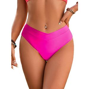 Fanuerg Women's Bikini Bottom Cross V Cut Front Swimsuit Full Coverage Bathing Suit Bottoms (Pink, M)
