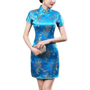 Traditional Cheongsam Costume Print High Slit Side Chinese New Year Party Cocktail Bodycon Short Dress (Medium, Dragon Blue)
