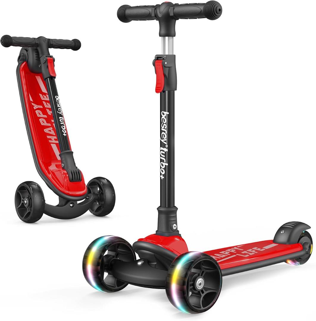 Besrey Kick Scooter for Kids Ages 3-10, 3-Wheel Folding Scooter with Adjustable Height, LED Light Wheels, Extra Wide Deck for Outdoor Activities