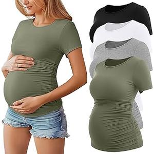 Huukeay 4 Pack Women's Maternity Shirts, Crew Neck Maternity Top Short Sleeve Casual Cotton Tee Side Ruched Pregnancy Clothes (Black, Army Green, Light Heather Gray, White,Small)