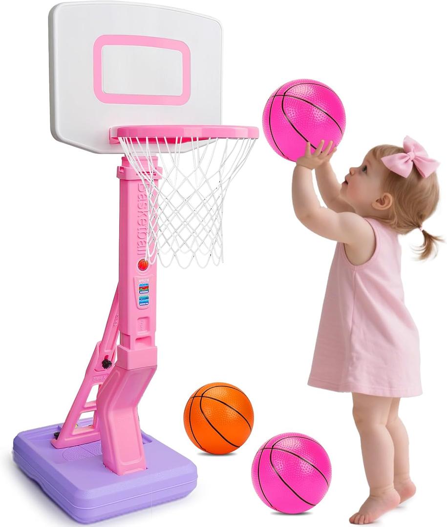 Toddler Girl Basketball Hoop Indoor Pink Adjustable Mini Basketball Goal with Ball Pump for Outdoor Poolside Toys Backyard Game Outside Basketball Toy for Kids Age 3-5 6 7 4-8 Birthday Gift