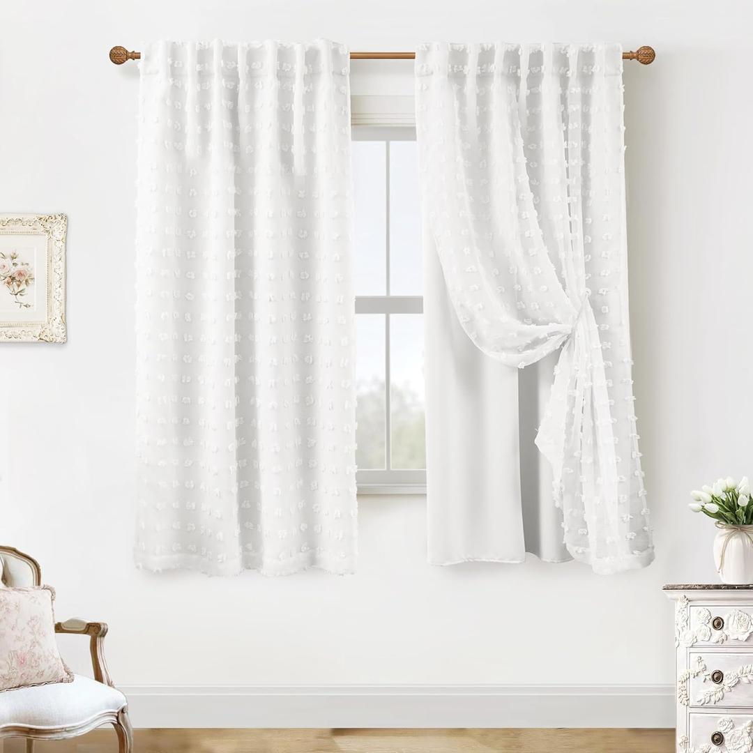 White Sheer Semi Blackout Curtains 63 Inch Length for Nursery Girl,Room Darkening Bed Room Curtains 2 Panel Sets