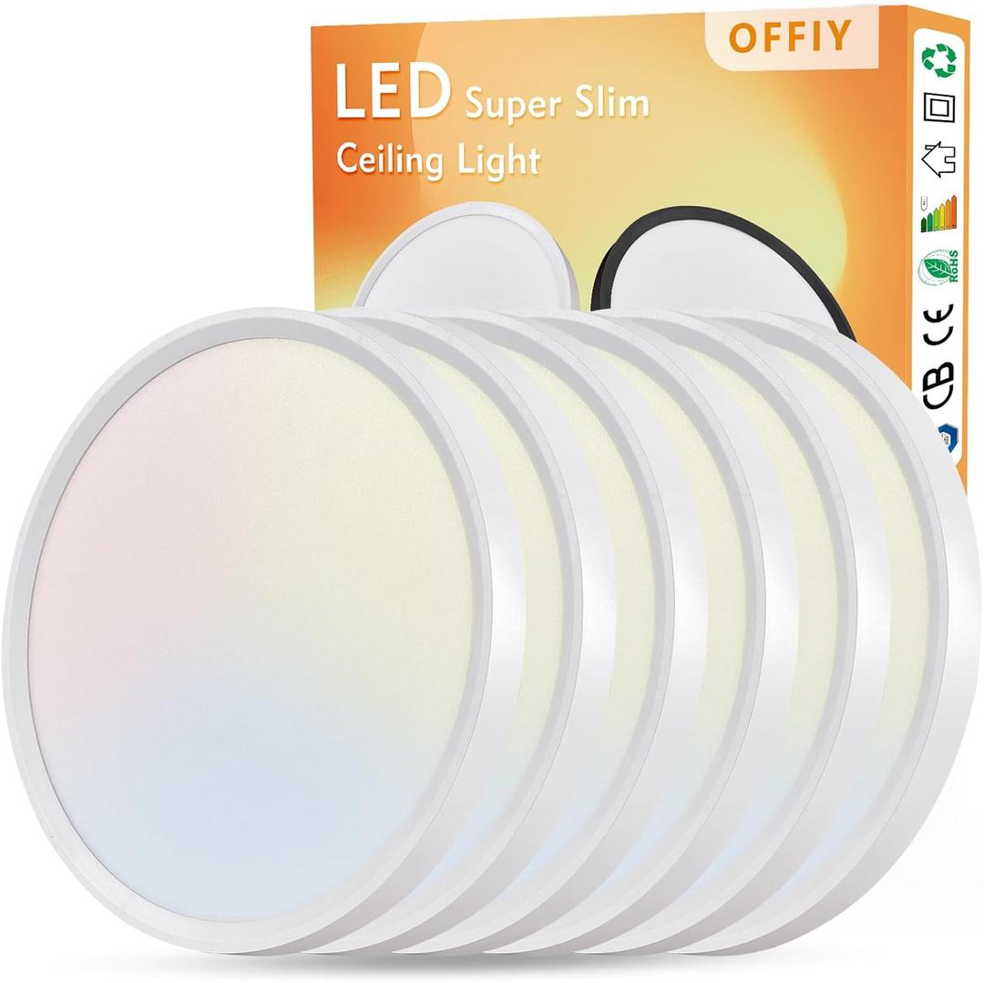 6PK 12 Inch LED Flush Mount Ceiling Light, 24W, 2520LM, 3000K/4000K/6000K CCT Selectable Super Slim LED Ceiling Light, Close to Ceiling Round Flat Panel Light for Hallway, Bedroom,Kitchen ect (White)