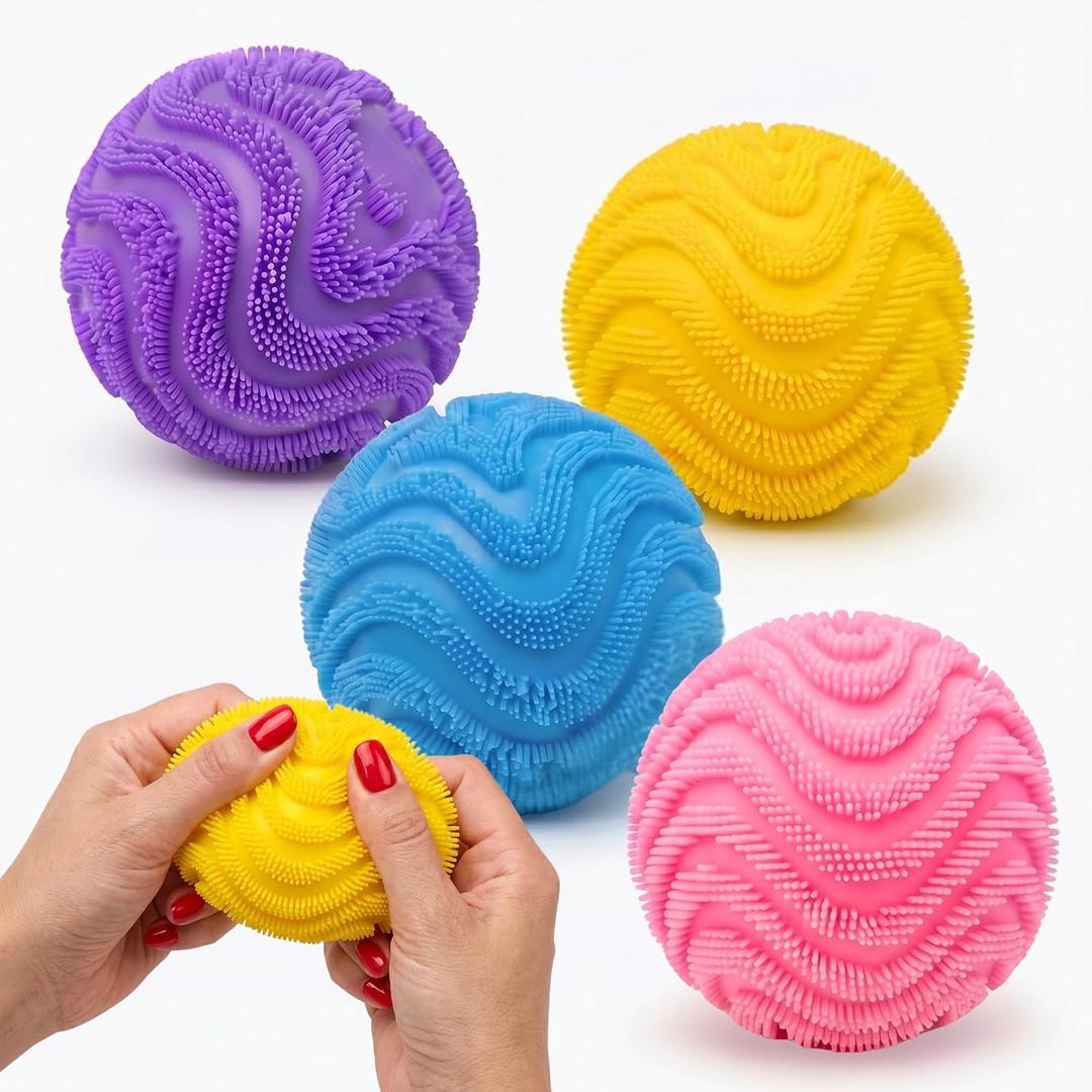 Fuzz Ball Squishy 4 PCS - 2026 Upgraded Slow Rising Squishies Fidget FuzzyBalls Pink Purple Yellow Blue FuzzBall Colorful for Teenage & Adults Stuff Gifts