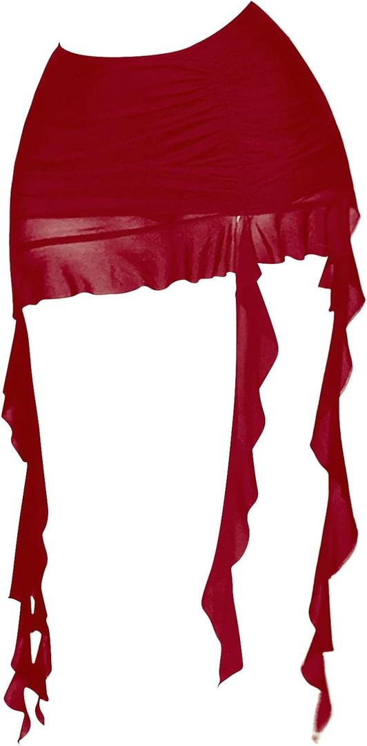 Verdusa Women's Y2K Mini Skirt Ruched Sexy Mesh Ruffle Skirt Bodycon Going Out Small, Dark Red
