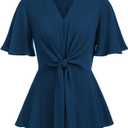 GRACE KARIN 2026 Women's Elegant V Neck Peplum Tops Tie Front Short Bell Sleeve Shirts Tops Blouse (Blue, XXL)