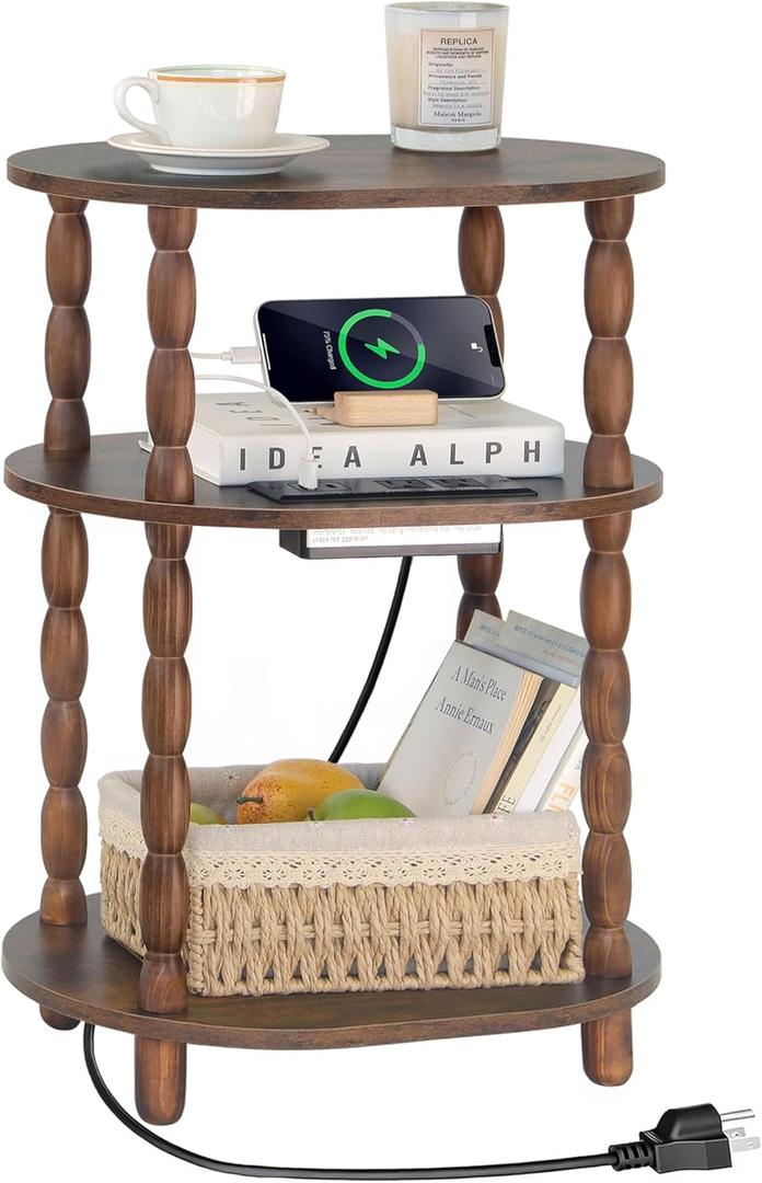 MaxSmeo Side Table with Charging Station, 3-Tier Small End Table with USB Ports and Outlets, Modern Oval Night Stand Accent Table for Living Room, Bedroom, Rustic Brown