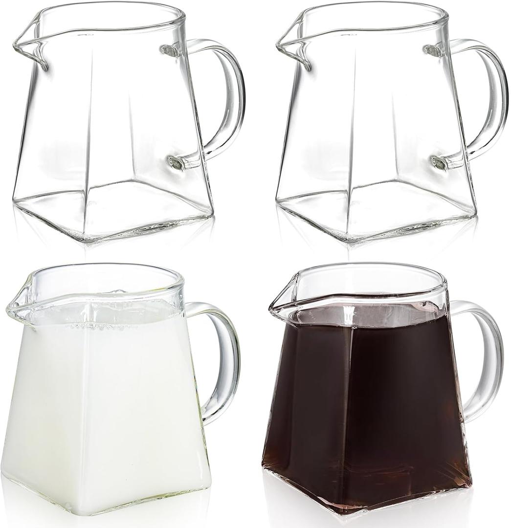Yarlung 4 Pack Small Glass Pitcher, 12 Oz Clear Creamer Pitcher with Handle, Creative Coffee Milk Pitcher Tea Fair Cups for Table Serving, Square Base