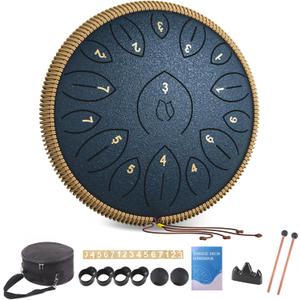 Steel Tongue Drum 12 Inch 15 Notes, Steel Drums Instruments for Kids Adults, Hand Pan Drum with Music Book, Drum Mallets and Carry Bag, Handpan C Major, Navy Blue