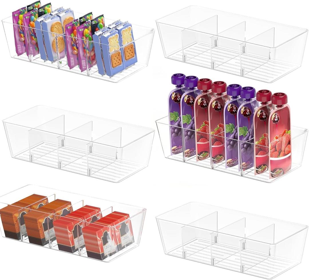 BALEINE Clear Plastic Storage Bins with 3 Removable Dividers, Pantry Organization, BPA Free Stackable Refrigerator Organizers and Storage for Kitchen Fridge Cabinet Bathroom (10.5x6.1x3.5, 6PK)