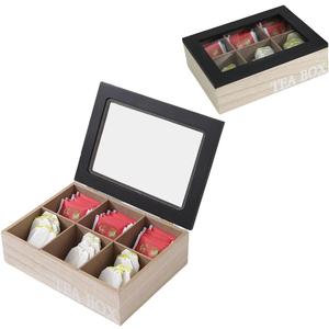 Vintage Burlywood Wooden Tea Organizer Box with Glass Lid, 6 Compartments Tea Bag Organizer, 9 Inches Tea Storage Organizer, Tea Storage Chest, Kitchen Storage Chest Box (Black Lid)