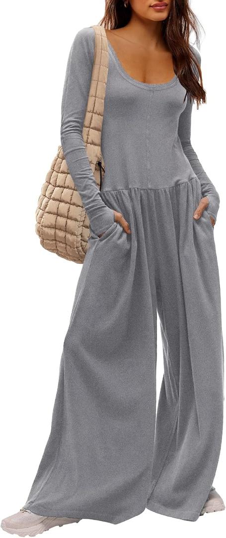 Yanekop Womens Overalls Loose Fit Long Sleeve Wide Leg Jumpsuit Dressy One Piece Casual Rompers Outfits Vacation Clothes (Medium, Grey)