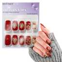 Fall Press on Nails Medium Square Fake Nails Glitter Gold False Nail Burgundy and Maple Leaves Design Autumn Full Cover Gel Artificial Nails Stick on Nails for Women Girls 24 PCS