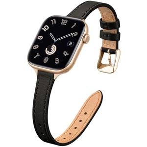 STIROLL Slim Leather Bands Compatible with Apple Watch Band 49mm 46mm 45mm 44mm 42mm(Series 3 2 1), Top Grain Leather Watch Thin Wristband for iWatch Ultra SE Series 11 10 9 8 7 6 5 4(Black Gold)