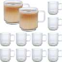 12 PACK Premium Glass Coffee Mugs with Handle, 12 OZ Classic Vertical Stripes Glass Coffee Cups, Transparent Tea Cup for Hot/Cold Beverages, Glassware Set for Americano, Latte, Cappuccino