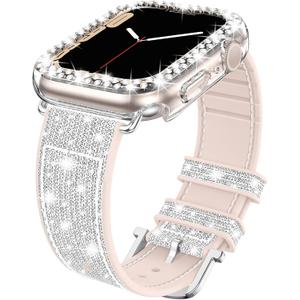Goton Bling Silicone Band Case Compatible for Apple Watch 45mm with Edge Protector Cover[No Glass] for Women, Strap Color Changes with Angle for iWatch Series 9 8 7 (Silver)