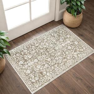 Vintage Entryway Rug Indoor, Beige Taupe Washable 2x3, Neutral Small Area Non-Slip Throw Accent Floral Kitchen Rug Print Faux Wool Super Soft Front Door Floor Carpet for Foyer Bedroom