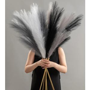 8 Pcs 45" Pampas Grass Tall Faux Dried Decor, Fluffy Fake Long Pompas Artificial Black White Grey Gray Pompous Stems Bouquet Flower Arrangement Vase Filler for Boho Home Wedding Decoration