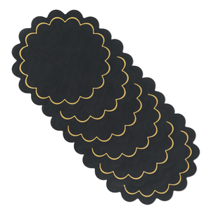 Set of 6 Scallop Leather Placemats, 15 Inch Black Pure Floral Table Mats Round Farmhouse Wipeable Waterproof Placemats Heat Resistant Dining Table Mats, Easy Wipe Clean