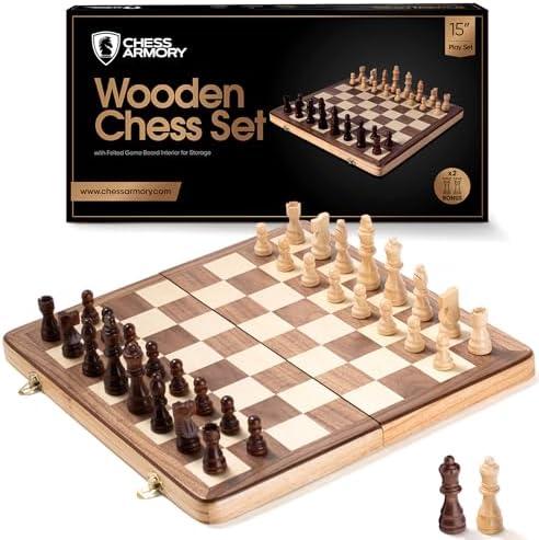Chess Armory Wooden Chess Set 15 Inch - Classic Handcrafted Game Board for Adults and Kids with Extra Queen Pieces and Storage Box - Ideal for Home and Travel - Non-Magnetic