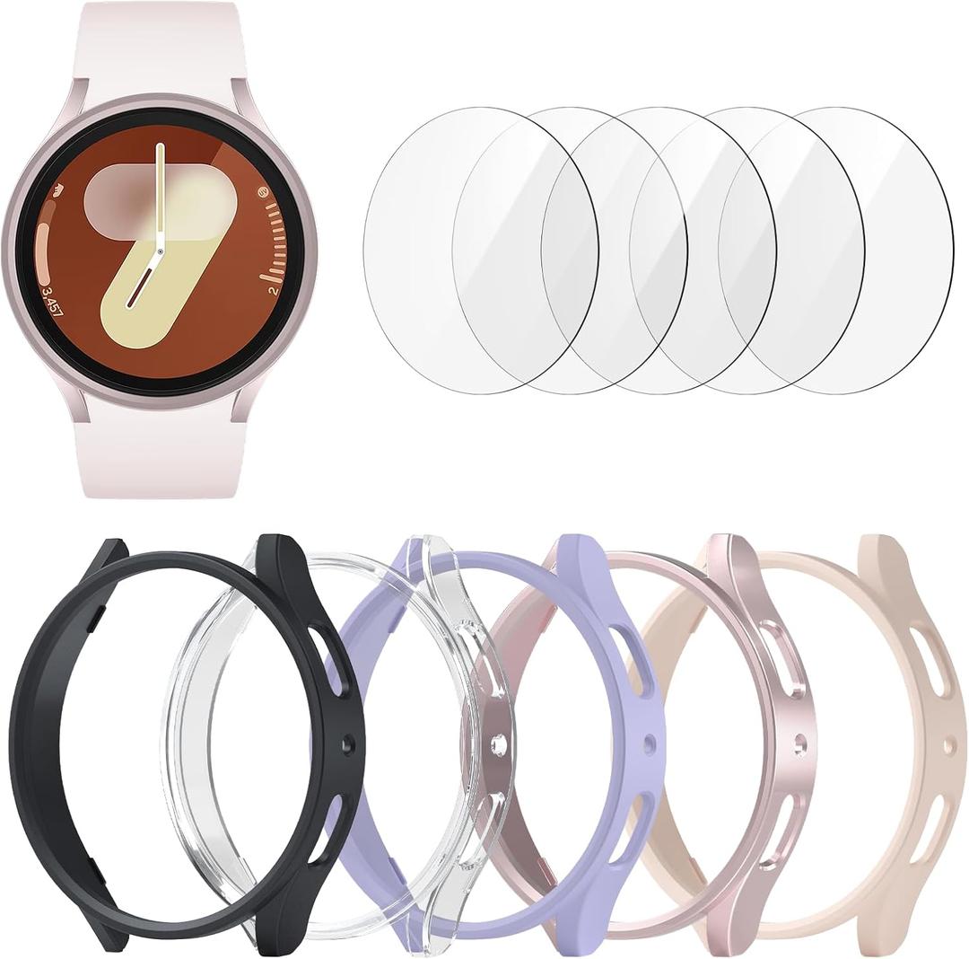 BHARVEST [5+5 Pack] Galaxy Watch 7 40mm Screen Protector, Waterproof Case Protective Cover+Tempered Glass Screen Protector Ultra-Thin Hard PC Guard Bumper for Samsung Galaxy Watch 7 40mm Women (Black/Clear/Lavender/Rose Gold/Pink)