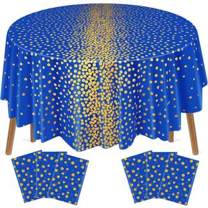 VitalCozy Round Dot Tablecloth 84 Inch Plastic Table Cover Polka Dot Confetti Tablecloths for Easter 2026 Graduation Prom Wedding Birthday Spring Party Supplies (Blue and Gold,6 Pcs)